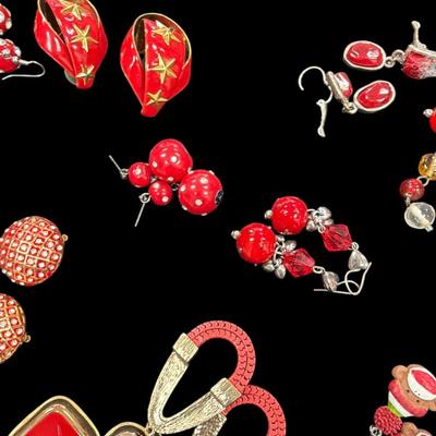 Assorted Lot of Red and Gold Toned Costume Earrings and One Brooch