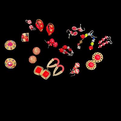 Assorted Lot of Red and Gold Toned Costume Earrings and One Brooch