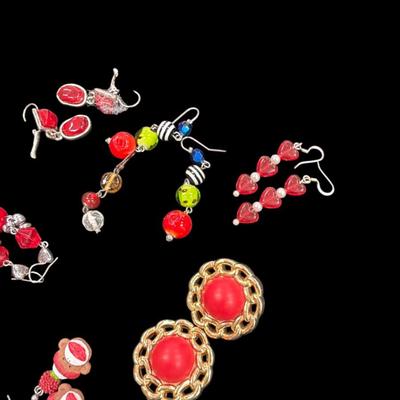 Assorted Lot of Red and Gold Toned Costume Earrings and One Brooch