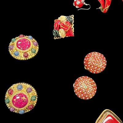 Assorted Lot of Red and Gold Toned Costume Earrings and One Brooch