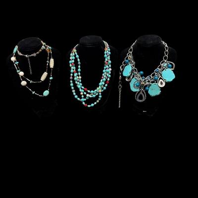 Assortment of Three Faux Turquoise and Silver Toned Necklaces