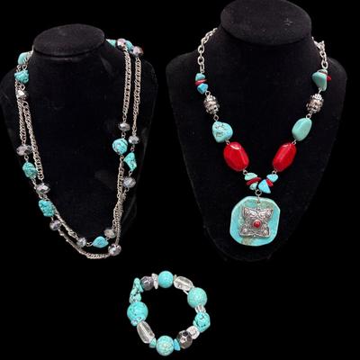 Two Faux Turquoise Necklaces and One Bracelet