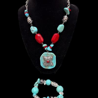 Two Faux Turquoise Necklaces and One Bracelet