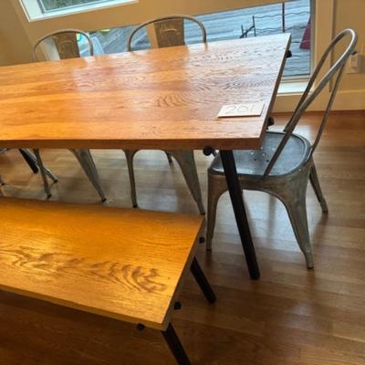 WEATHERED OAK DINING TABLE, BENCH AND CHAIRS