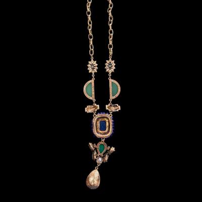 Vintage Blue and Green Geometric Stone Statement Necklace with Gold Toned Chain