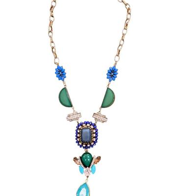 Vintage Blue and Green Geometric Stone Statement Necklace with Gold Toned Chain