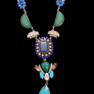 Vintage Blue and Green Geometric Stone Statement Necklace with Gold Toned Chain