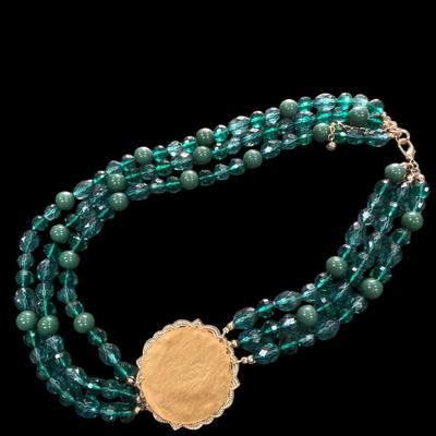 Multi Strand Green Beaded Necklace with A Central Medallion Style