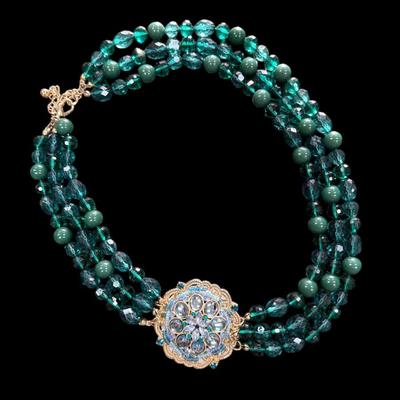 Multi Strand Green Beaded Necklace with A Central Medallion Style