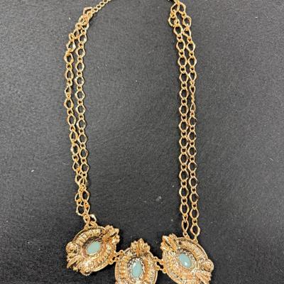 Gold toned Statement Necklace with Three Oval Light Green Pendants