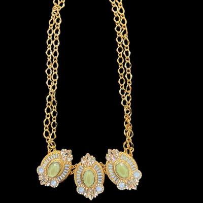 Gold toned Statement Necklace with Three Oval Light Green Pendants