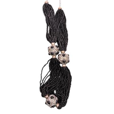 Set of Two Hematite colored beaded necklaces one long single strand and one multi strand tassel