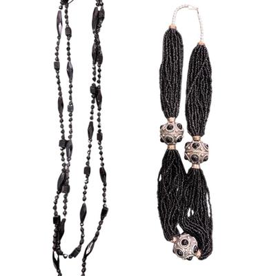 Set of Two Hematite colored beaded necklaces one long single strand and one multi strand tassel
