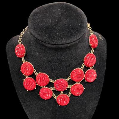 Gold Toned Statement Necklace with red sparkly cabochons