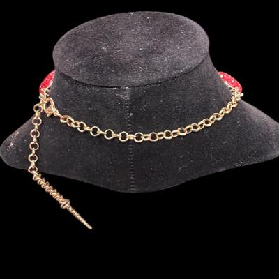 Gold Toned Statement Necklace with red sparkly cabochons