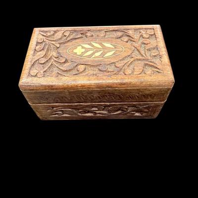 Small Vintage Hand Carved Wooden Box From India with Inlaid Floral Marquety Design Approximately 4.5" wide