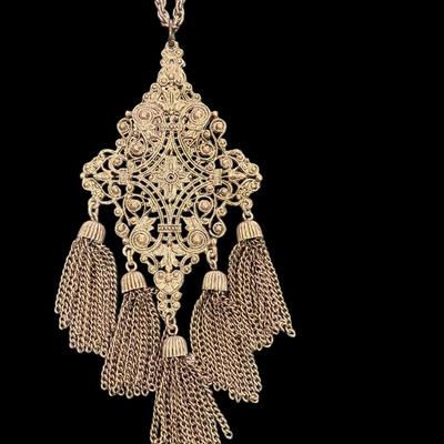 Gold Toned Filigree Tassel Necklace