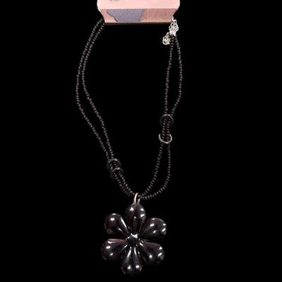 Black Beaded Necklace with Flower Pendant