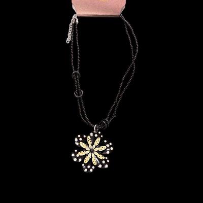 Black Beaded Necklace with Flower Pendant