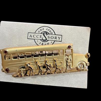 Two School Bus Brooches and One School Bus Key Ring