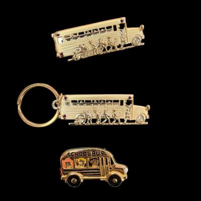 Two School Bus Brooches and One School Bus Key Ring