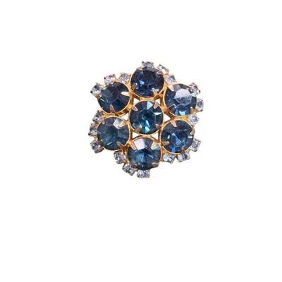 Vintage Blue Rhinestone Floral Brooch Gold Tone Domed Pin