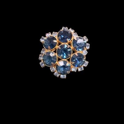 Vintage Blue Rhinestone Floral Brooch Gold Tone Domed Pin