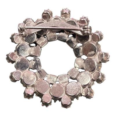 Vintage Silver Toned Rhinestone Wreath Brooch Featuring Concentric Circles of Blue and Clear Crystal