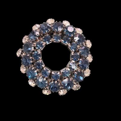 Vintage Silver Toned Rhinestone Wreath Brooch Featuring Concentric Circles of Blue and Clear Crystal