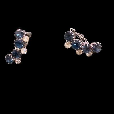 Vintage B. David Blue Aurora Borealis Rhinestone Brooch with Silver Tone Metal Set and Earrings