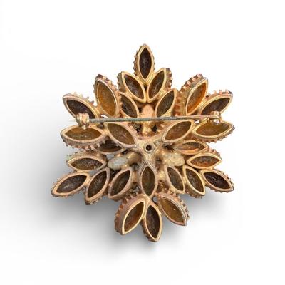 Vintage Amber and Root Beer Colored Glass Rhinestone Flower Brooch With Gold Tone Metal Set