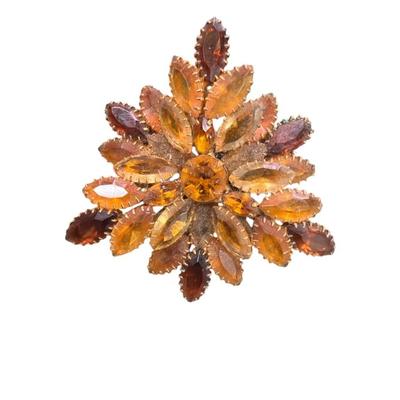 Vintage Amber and Root Beer Colored Glass Rhinestone Flower Brooch With Gold Tone Metal Set