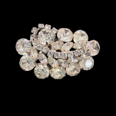 Vintage Possible Eisenerg Clear Rhinestone Cluster Brooch With Silver Tone Set