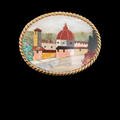 Vintage Italian Pietra Dura Mosaic Brooch with a View of the Florence Cathedral