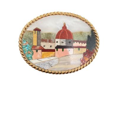 Vintage Italian Pietra Dura Mosaic Brooch with a View of the Florence Cathedral