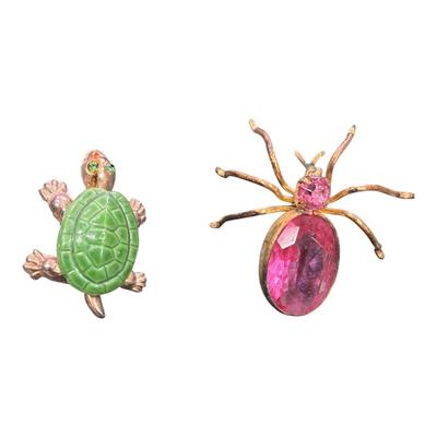 Set of 2 Vintage Enamel and Gold Tone Scatter Pins, One a Turtle and one A Spider With a Pink Rhinestone