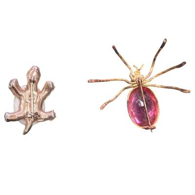 Set of 2 Vintage Enamel and Gold Tone Scatter Pins, One a Turtle and one A Spider With a Pink Rhinestone