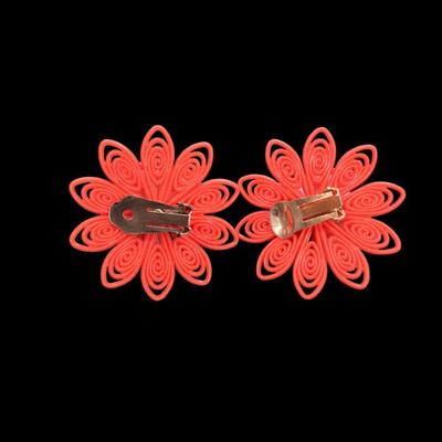 Pair Of Vintage Orange Plastic Clip On Flower Earrings with a Faux Pearl Center