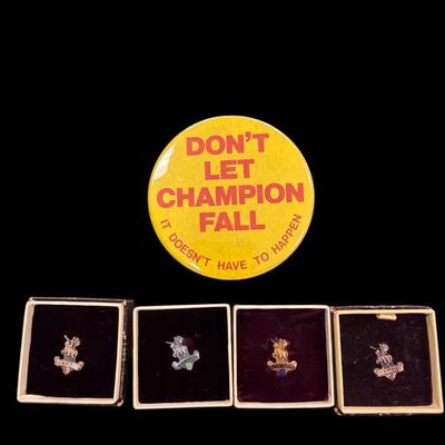 Set of 4 Champion Paper Mill Years Worked Pins and Yellow Round Pin
