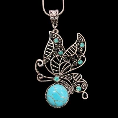 Vintage Silver Toned Butterfly Pendant Necklace With Faux Turquoise Accents