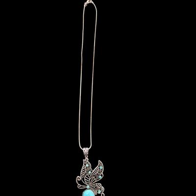 Vintage Silver Toned Butterfly Pendant Necklace With Faux Turquoise Accents