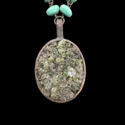 Vintage Faux Turquoise Chip and bead Necklace With Large Southwest Style Pendant