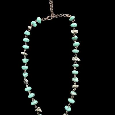 Vintage Faux Turquoise Chip and bead Necklace With Large Southwest Style Pendant