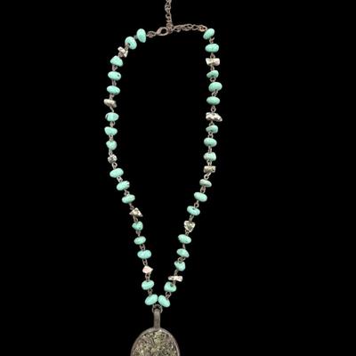 Vintage Faux Turquoise Chip and bead Necklace With Large Southwest Style Pendant