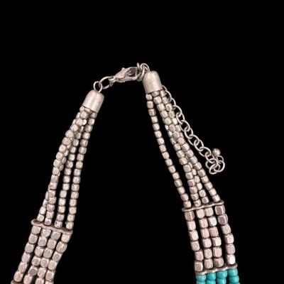 Multi Strand Turquoise and Silver toned Statement Necklace with Spike Metal Beads