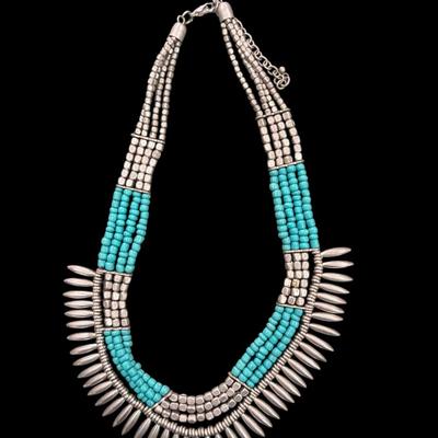 Multi Strand Turquoise and Silver toned Statement Necklace with Spike Metal Beads