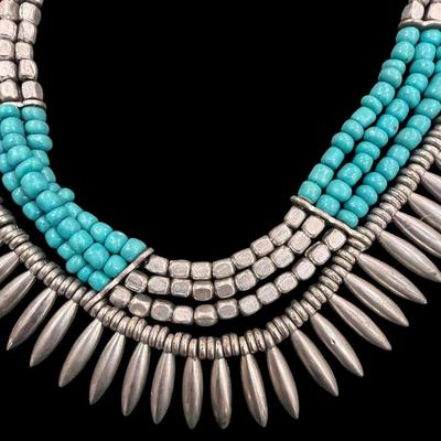 Multi Strand Turquoise and Silver toned Statement Necklace with Spike Metal Beads