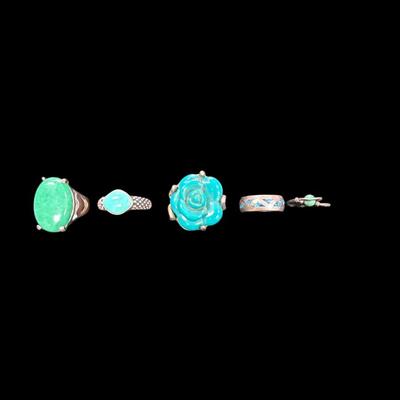 Collection of Vintage Jade and Turquoise Rings Set Of 5
