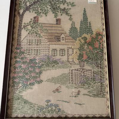 Embroidered House Scene with frame