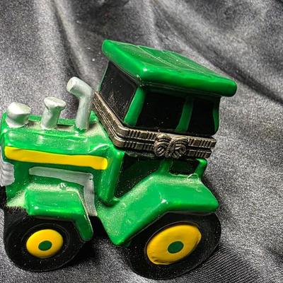 Vintage Green Tractor Trinket Box Hinged Porcelain with Hidden Farmer